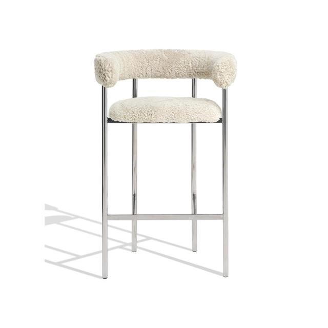 Møbel Copenhagen Font Barstol Med Armlæn 65 Cm Sheepskin Oyster Poleret Stål Stel