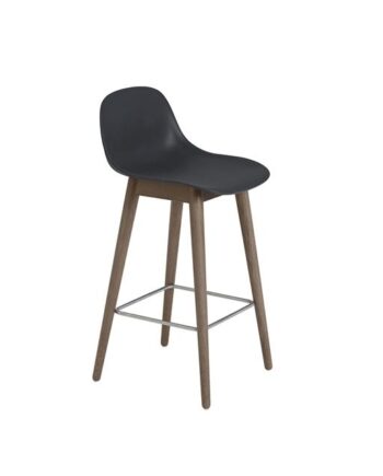 Muuto Fiber Barstol Med Træ Base Og Ryglæn Sort Mørk Brun H87   Cm