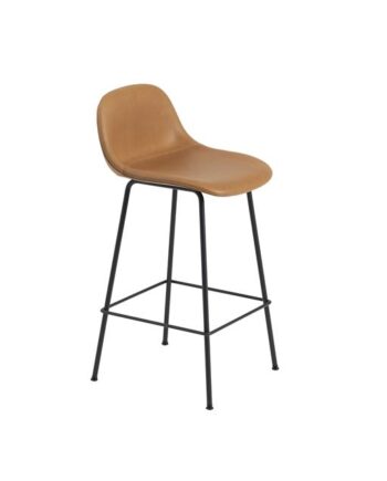 Muuto Fiber Barstol Med Tube Base Og Ryglæn Læder Polstret Cognac Sort H87   Cm