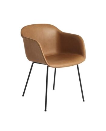 Muuto Fiber Spisebordsstol Med Armlæn Og Tube Base Læder Polstret Cognac Sort