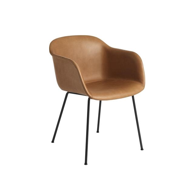 Muuto Fiber Spisebordsstol Med Armlæn Og Tube Base Læder Polstret Cognac Sort