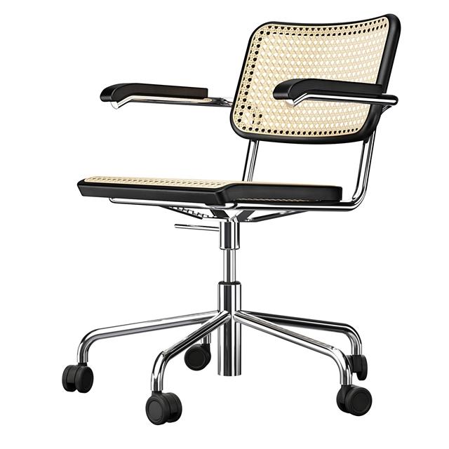 Thonet 64 Vdr Swivel Kontorstol Med Armlæn Krom Sort Bejdset Bøgetræ
