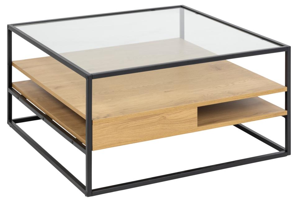 Act Nordic Randolf Sofabord Hylder Klar Glas Natur Vild Eg Melamin Mat Sort Stål 80x80