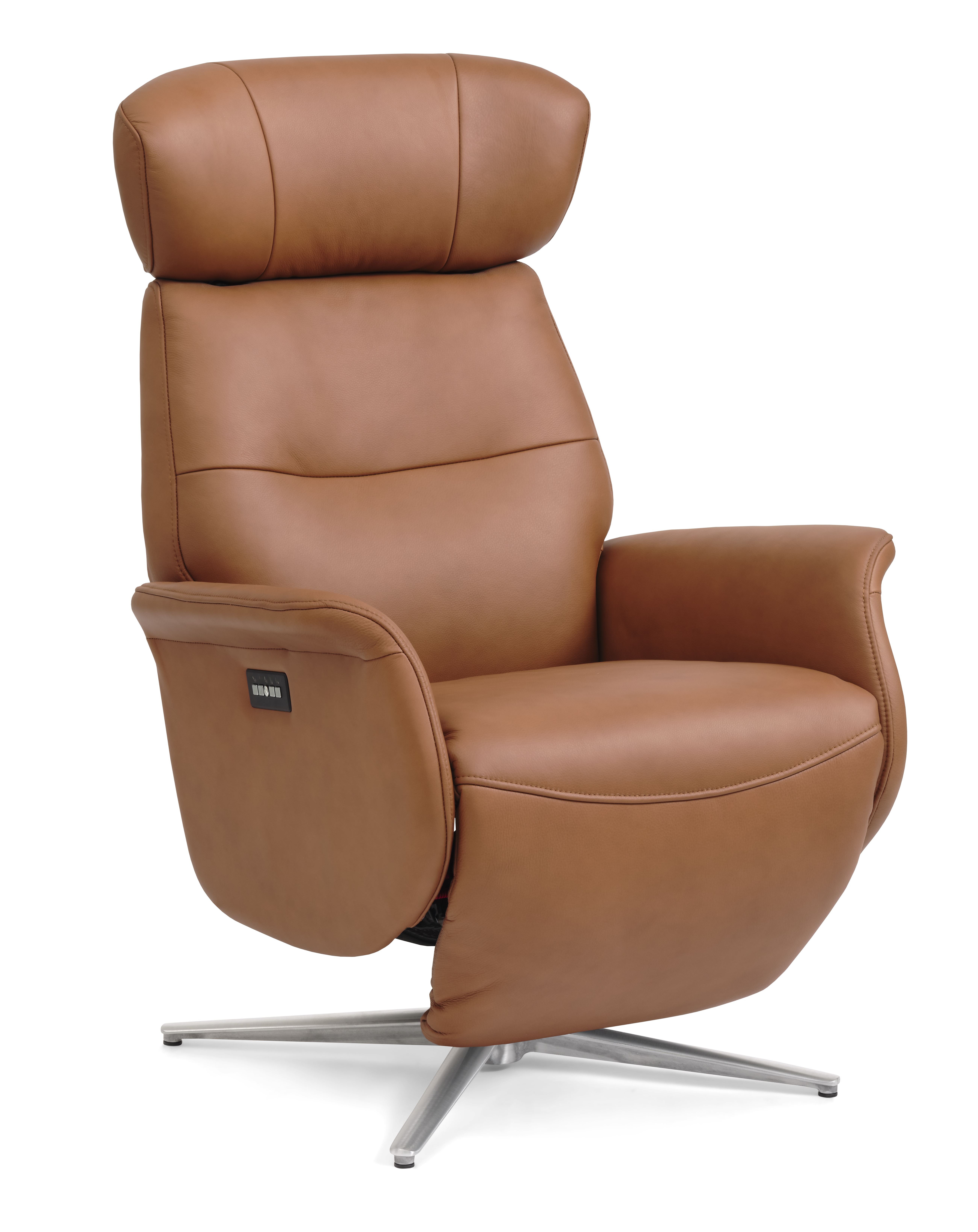 Alex Recliner Lænestol   Motors Cognac Semi Aniline Læder Og Børstet Aluminium