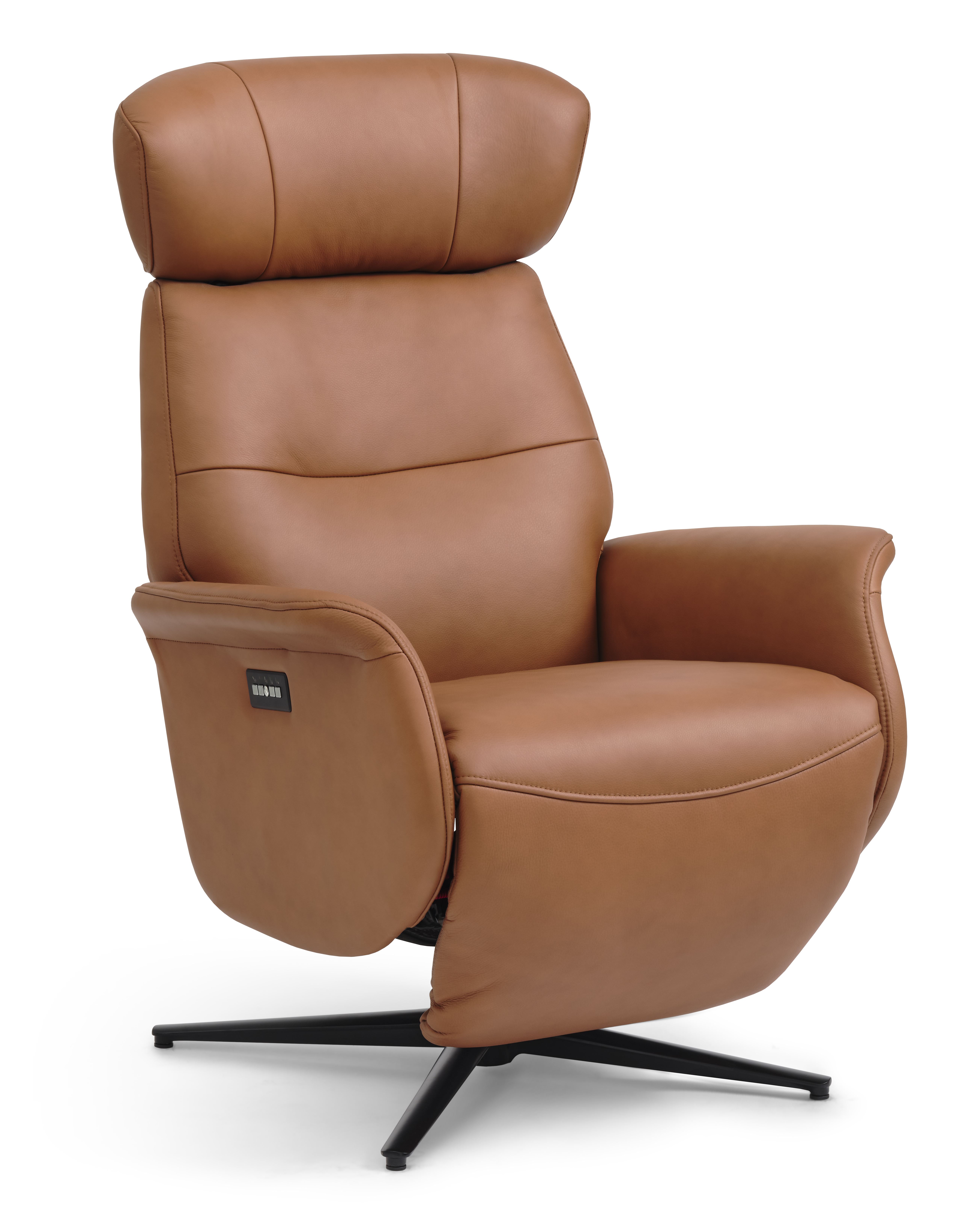 Alex Recliner Lænestol   Motors Cognac Semi Aniline Læder Og Sort Aluminium