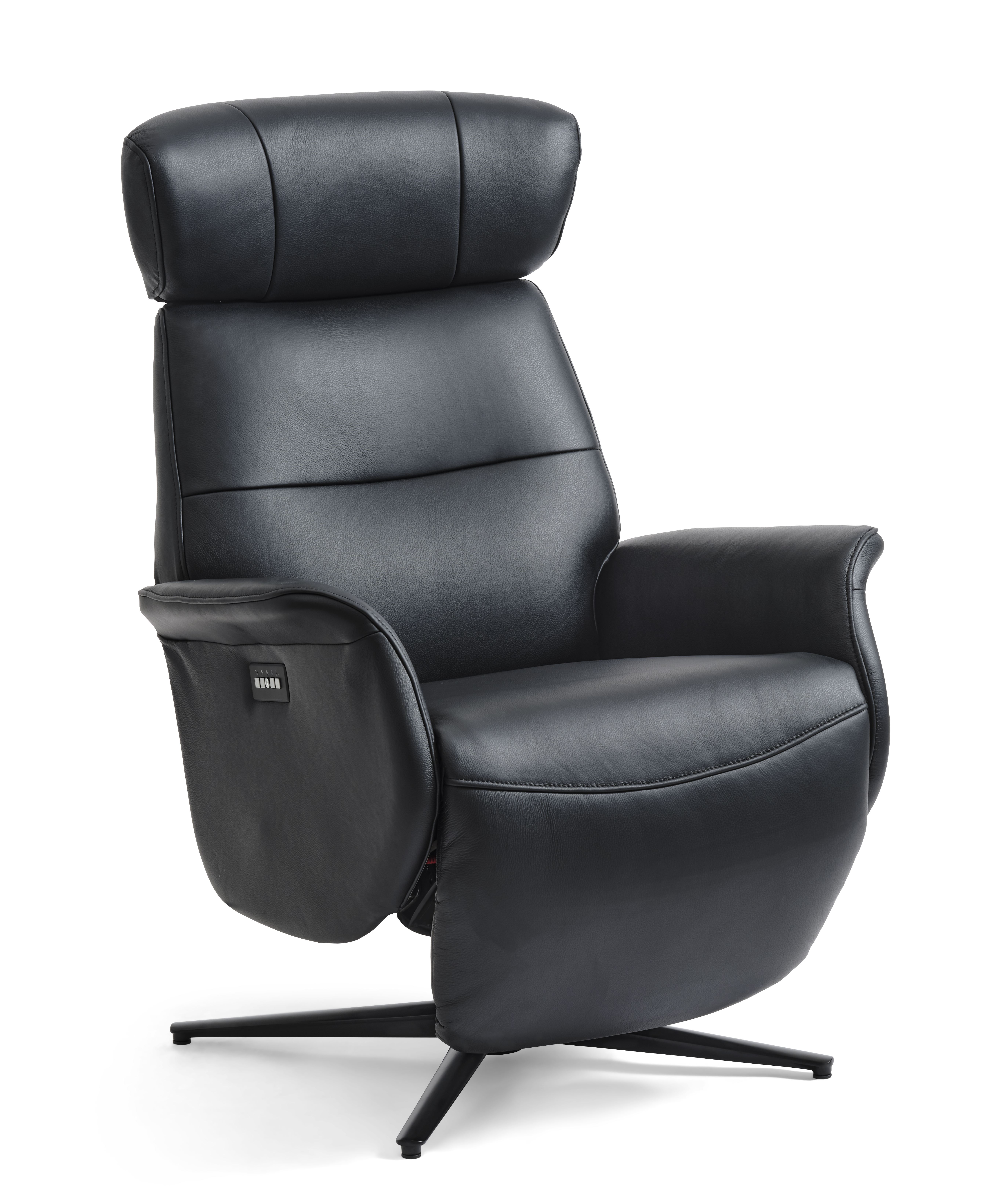 Alex Recliner Lænestol   Motors Sort Semi Aniline Læder Og Sort Aluminium