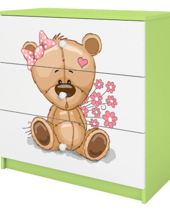 Babydreams Børnekommode Med Bamse Med Blomster       Skuffer Hvid Og Grøn Laminat