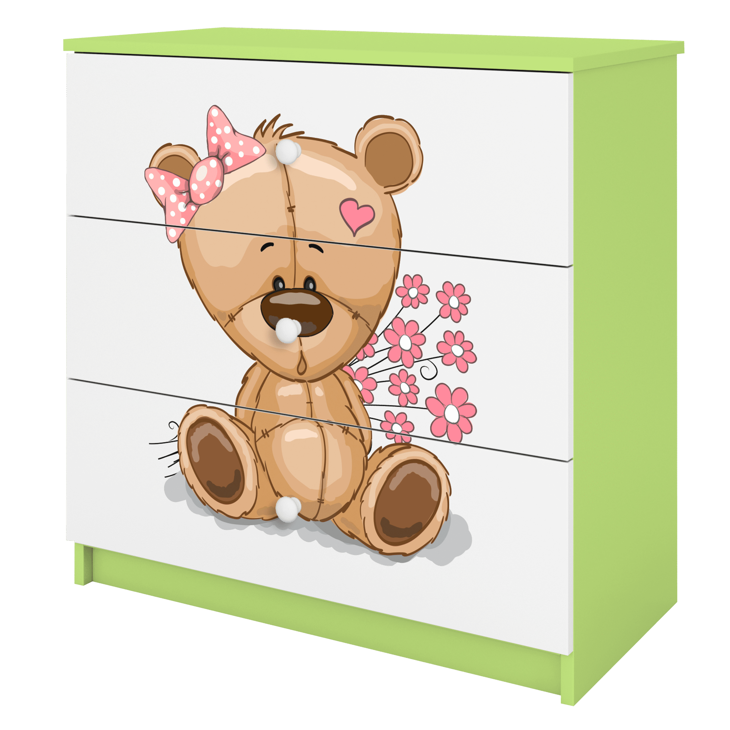 Babydreams Børnekommode Med Bamse Med Blomster Skuffer Hvid Og Grøn Laminat