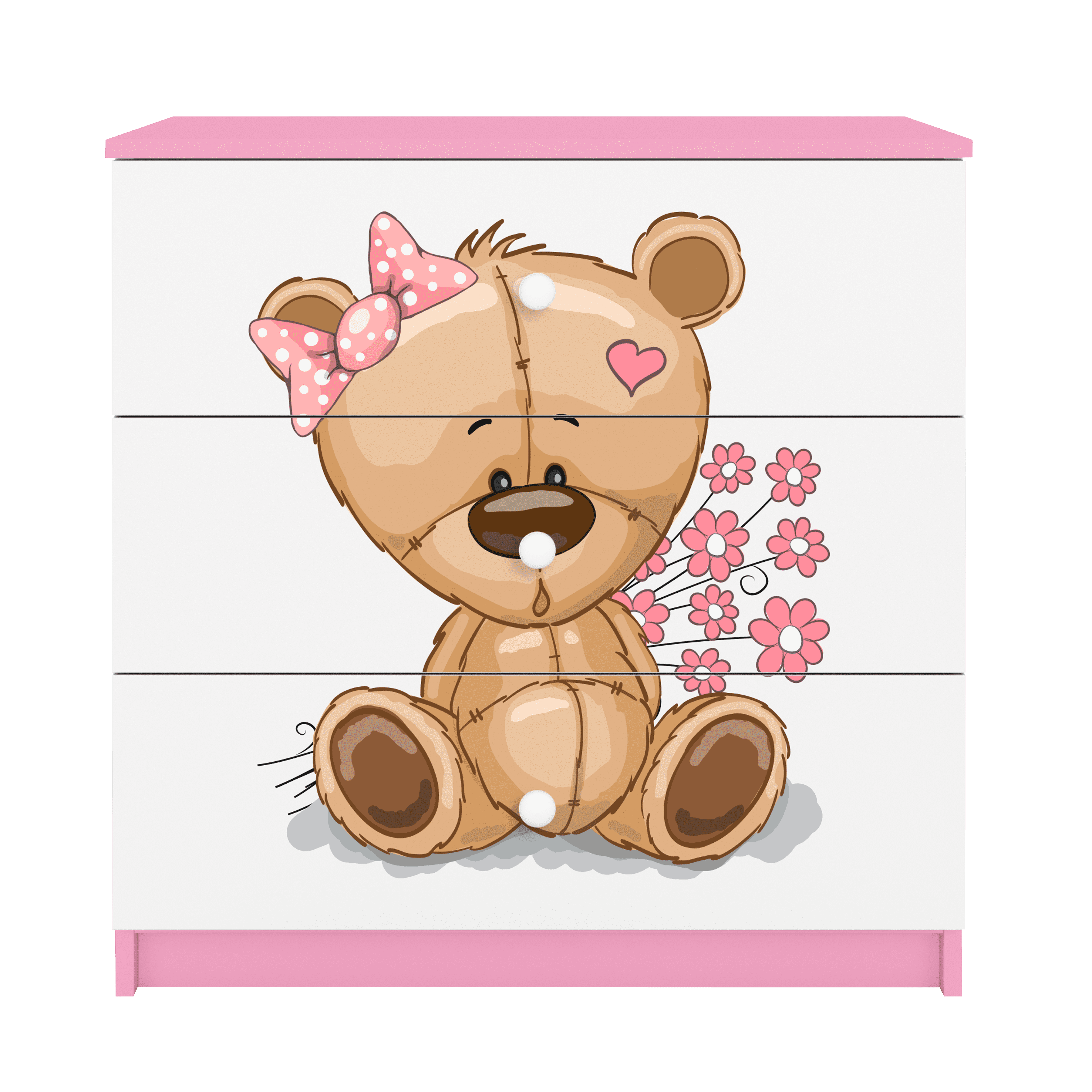 Babydreams Børnekommode Med Bamse Med Blomster       Skuffer Hvid Og Lyserød Laminat