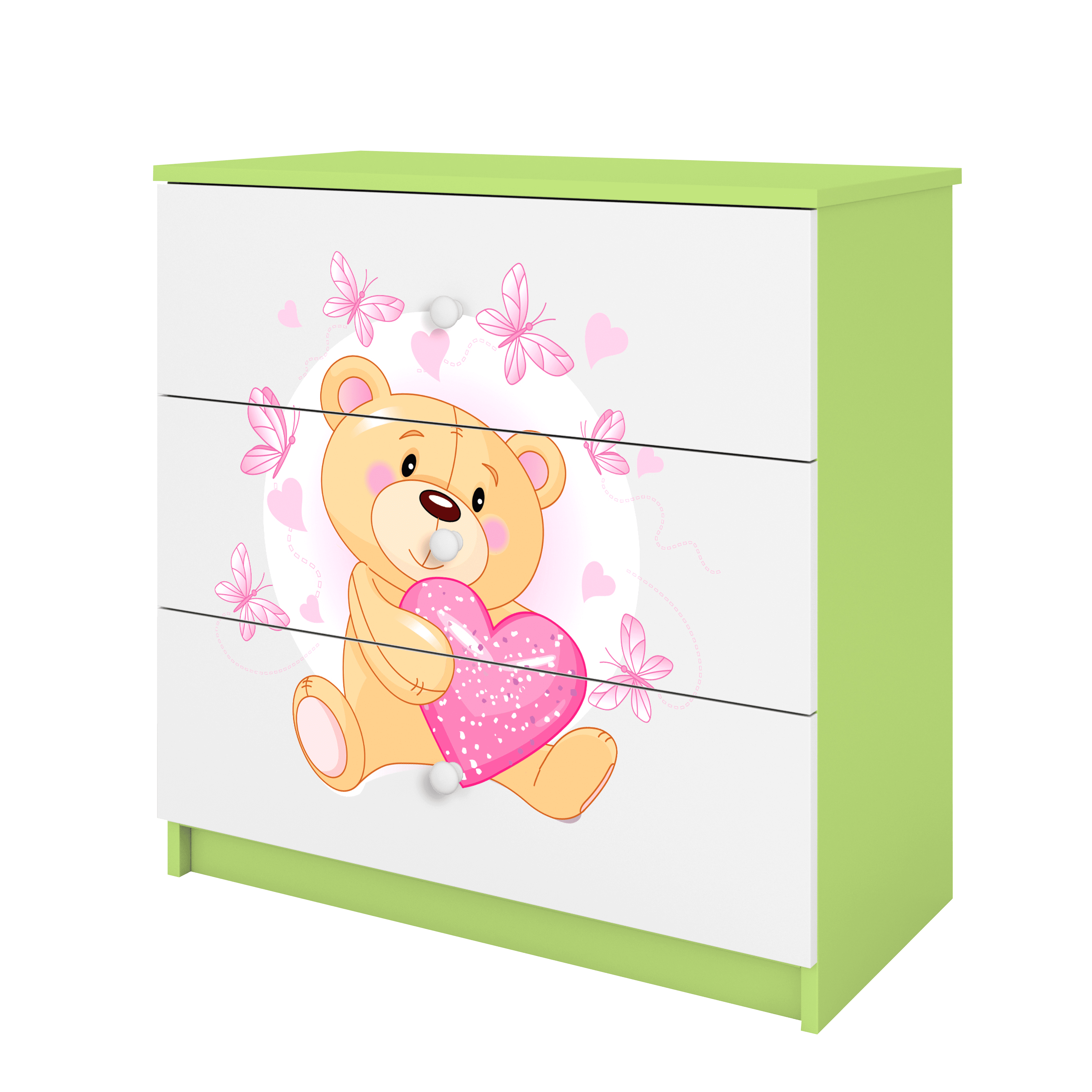 Babydreams Børnekommode Med Bamse Med Sommerfugle       Skuffer Hvid Og Grøn Laminat