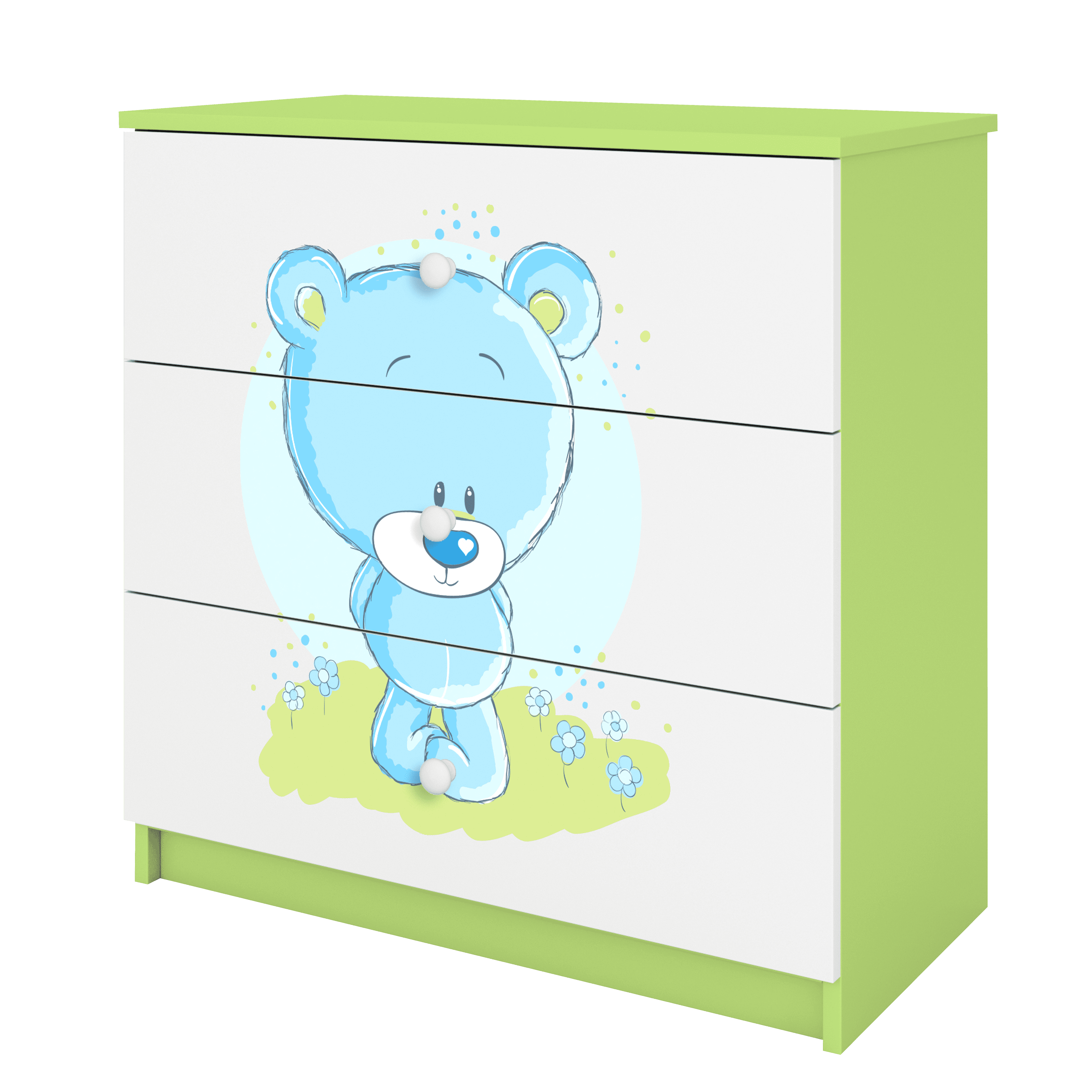 Babydreams Børnekommode Med Blå Bamse       Skuffer Hvid Og Grøn Laminat