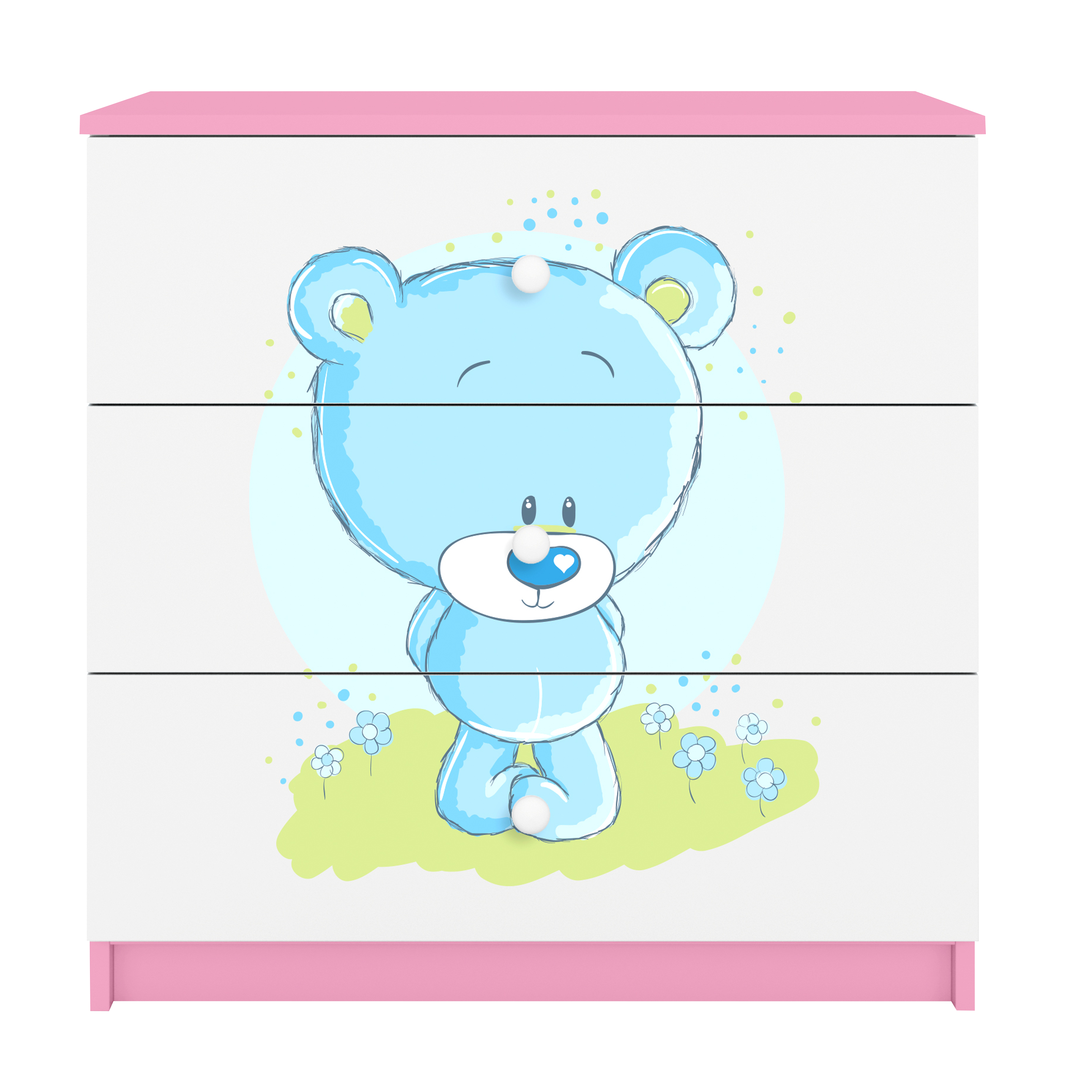 Babydreams Børnekommode Med Blå Bamse       Skuffer Hvid Og Lyserød Laminat