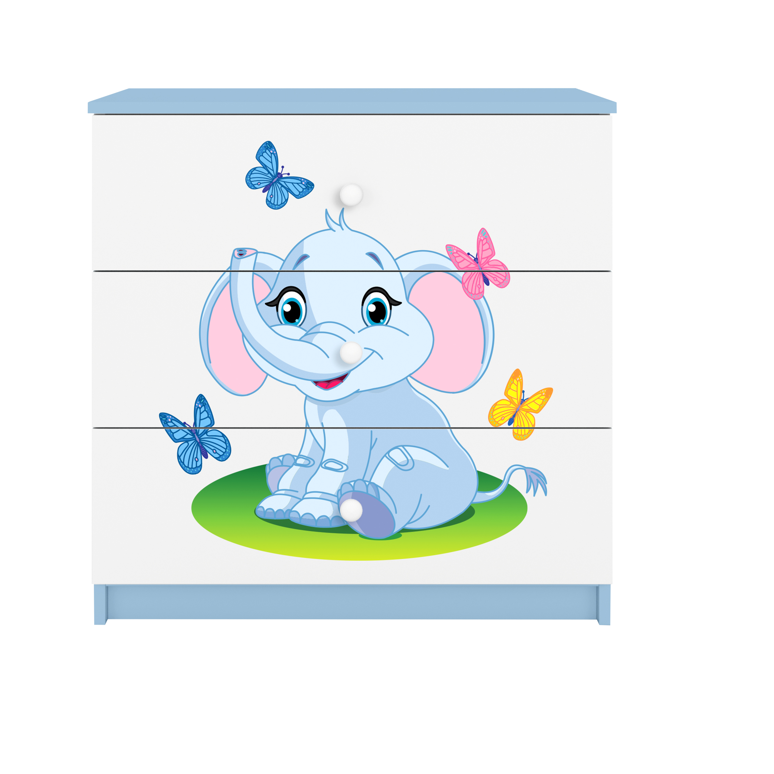 Babydreams Børnekommode Med Elefant Med Sommerfugle Skuffer Hvid Og Blå Laminat