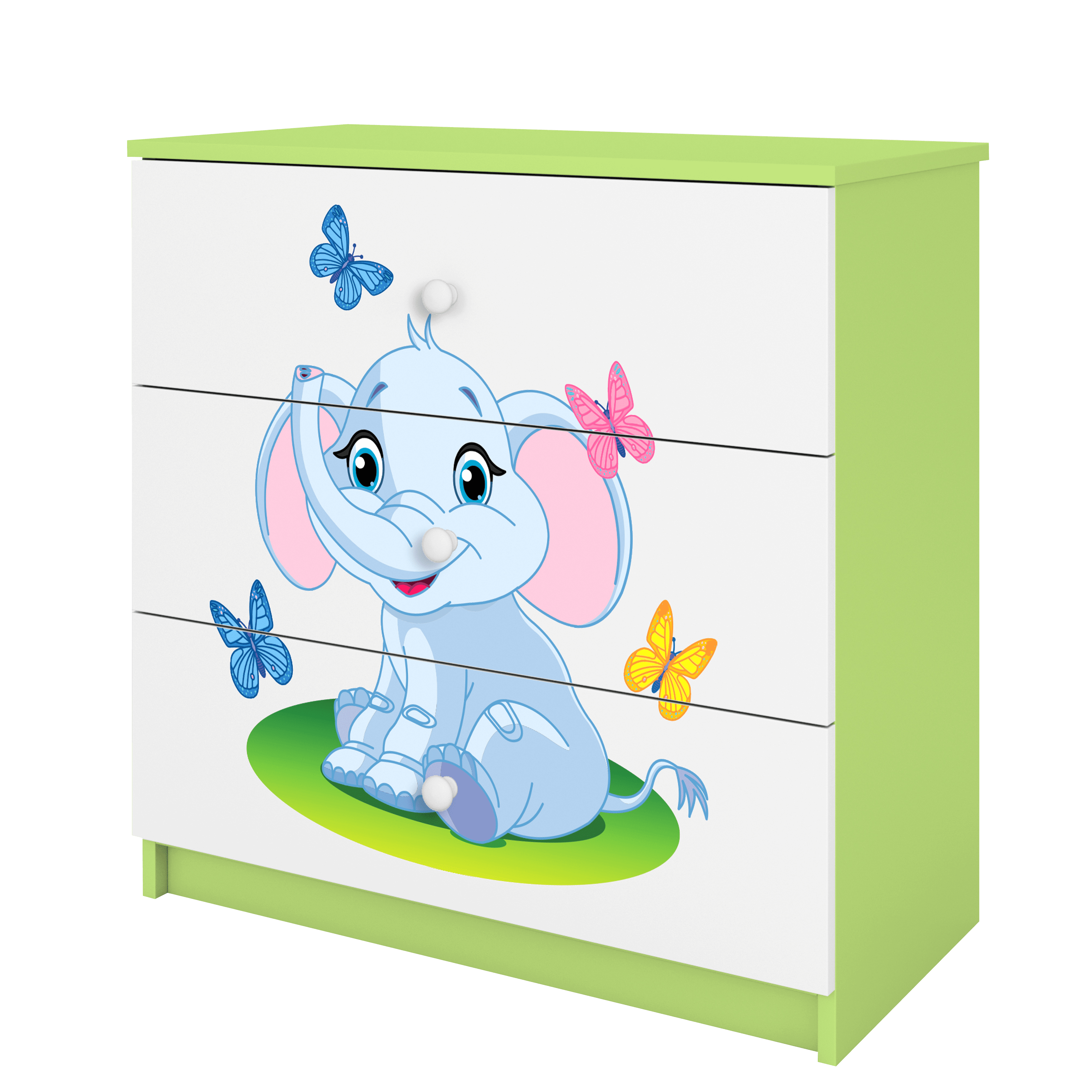 Babydreams Børnekommode Med Elefant Med Sommerfugle       Skuffer Hvid Og Grøn Laminat