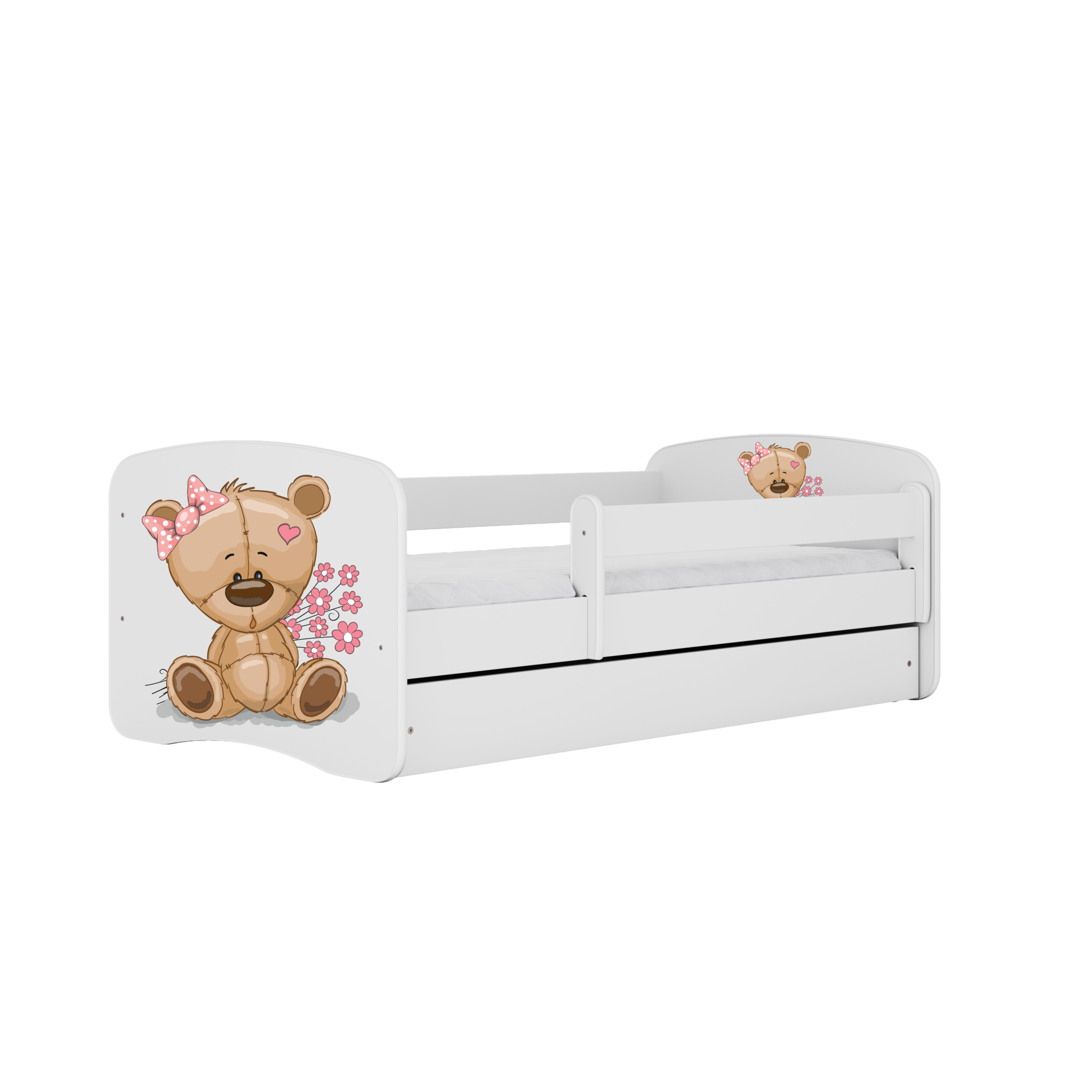 Babydreams Juniorseng Med Bamse Og Blomster Madras Sengehest Og Skuffe Hvid Laminat 180x80