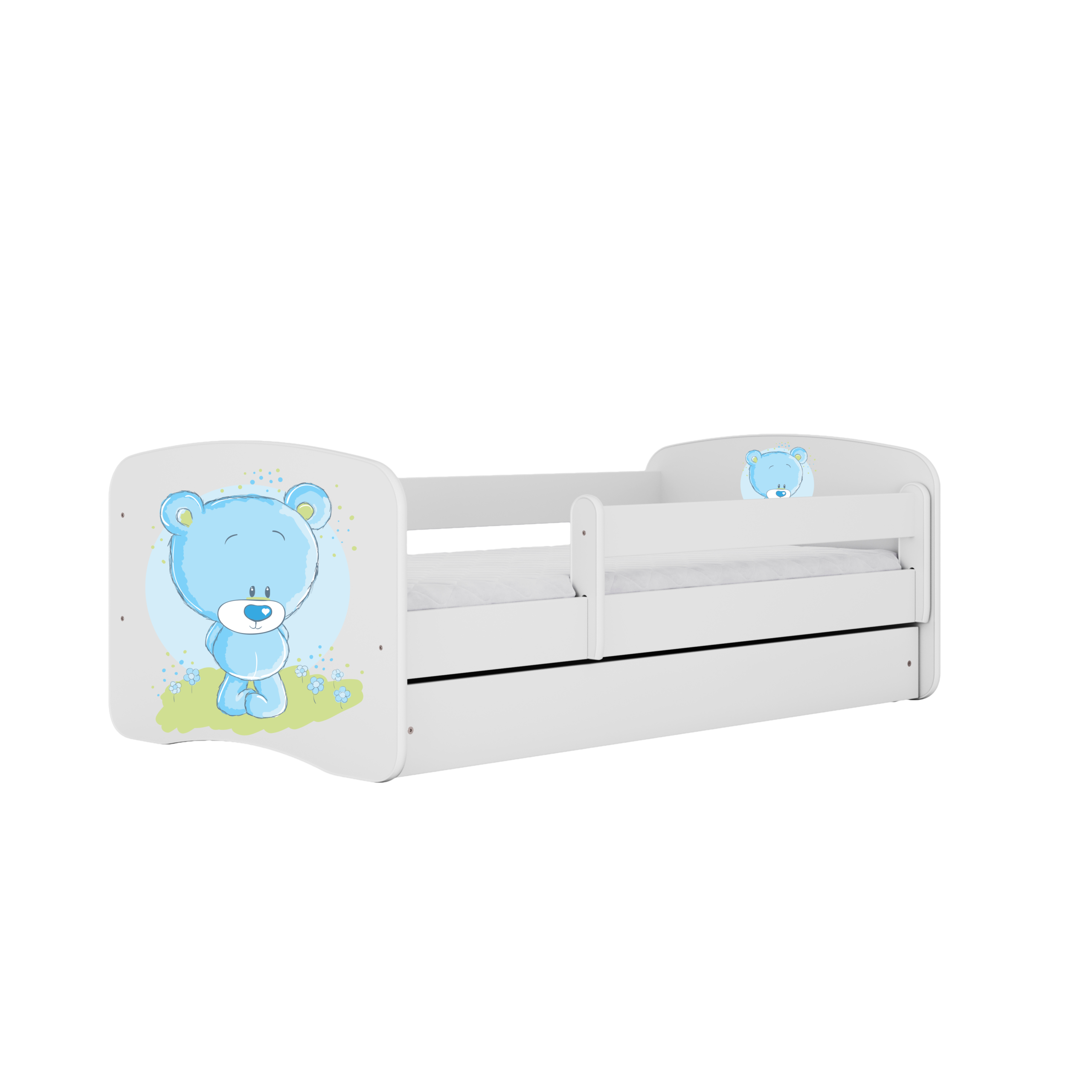 Babydreams Juniorseng Med Blå Bamse Madras Sengehest Skuffe Hvid Laminat 180x80