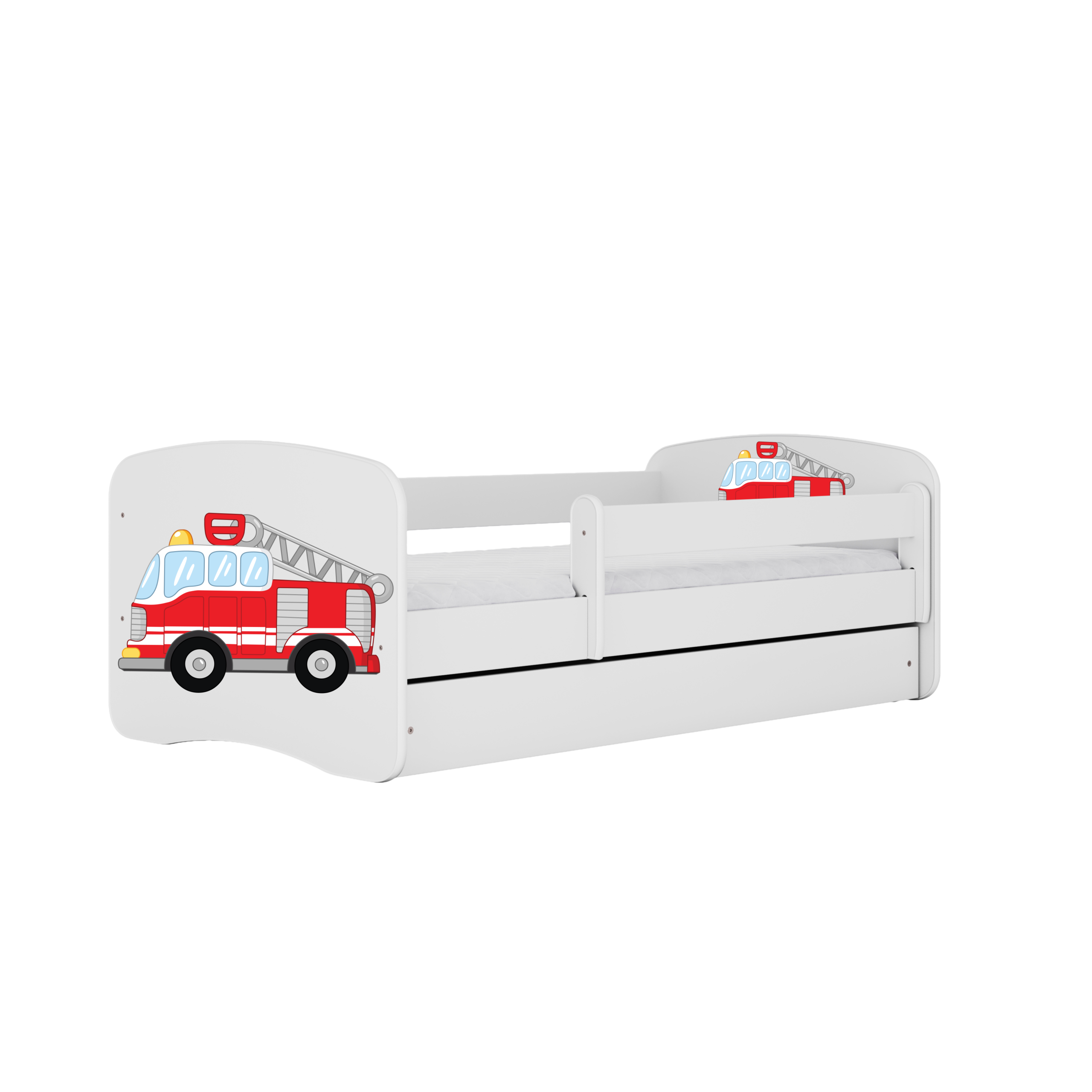 Babydreams Juniorseng Med Brandbil Madras Sengehest Skuffe Hvid Laminat 140x70
