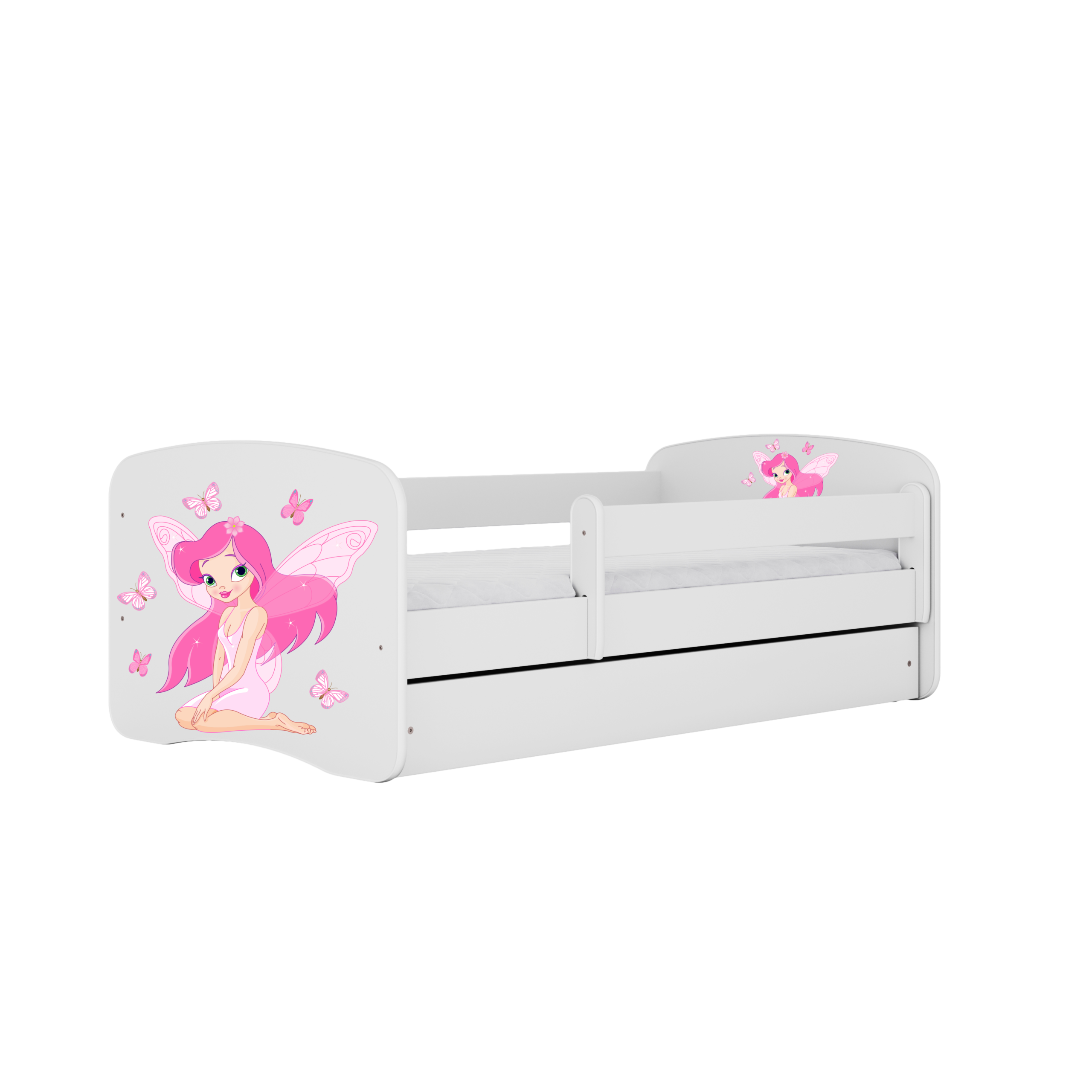 Babydreams Juniorseng Med Fe Med Sommerfugle Madras Sengehest Skuffe Hvid Laminat 160x80