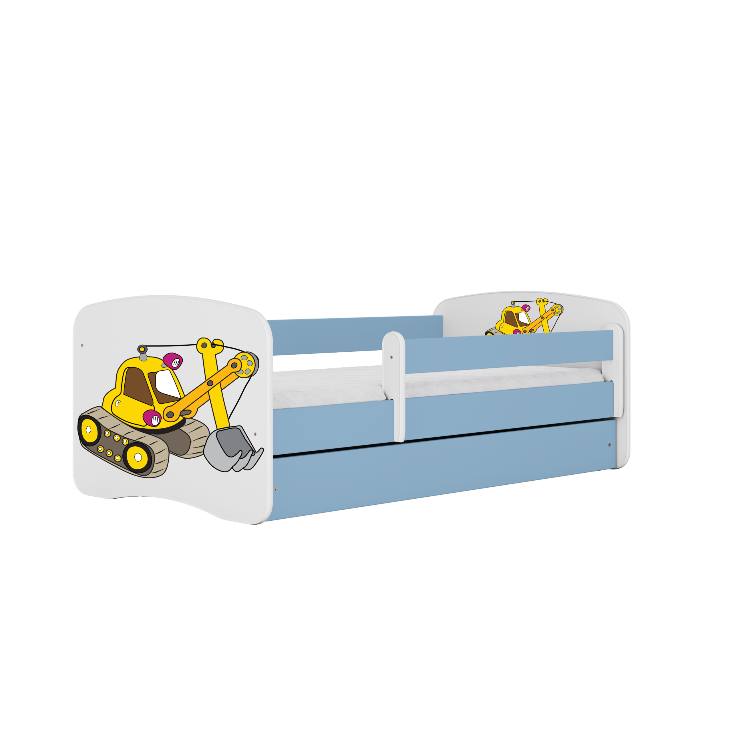 Babydreams Juniorseng Med Gravemaskine Madras Sengehest Skuffe Hvid Og Blå Laminat 180x80