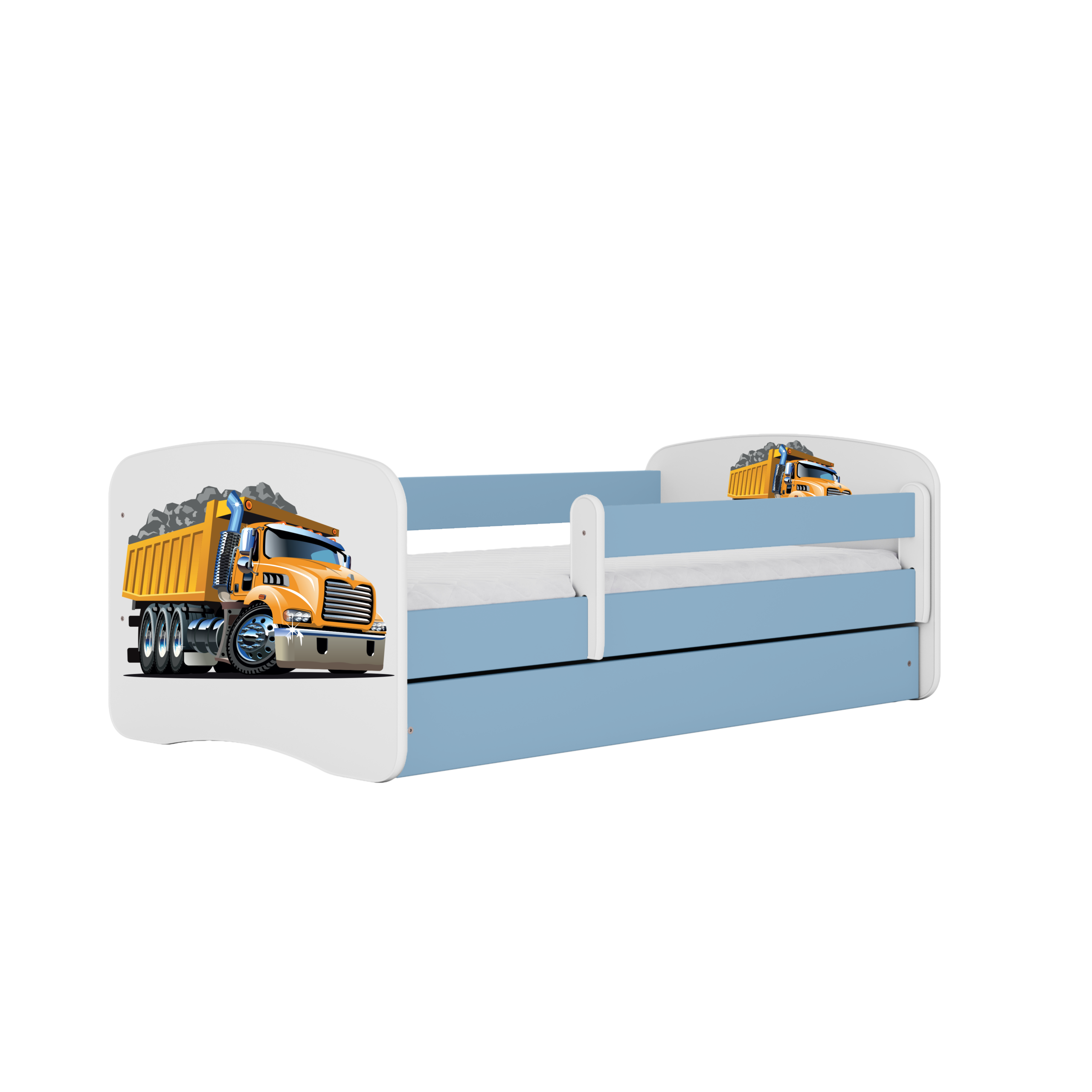 Babydreams Juniorseng Med Lastbil Madras Sengehest Skuffe Hvid Og Blå Laminat 140x70