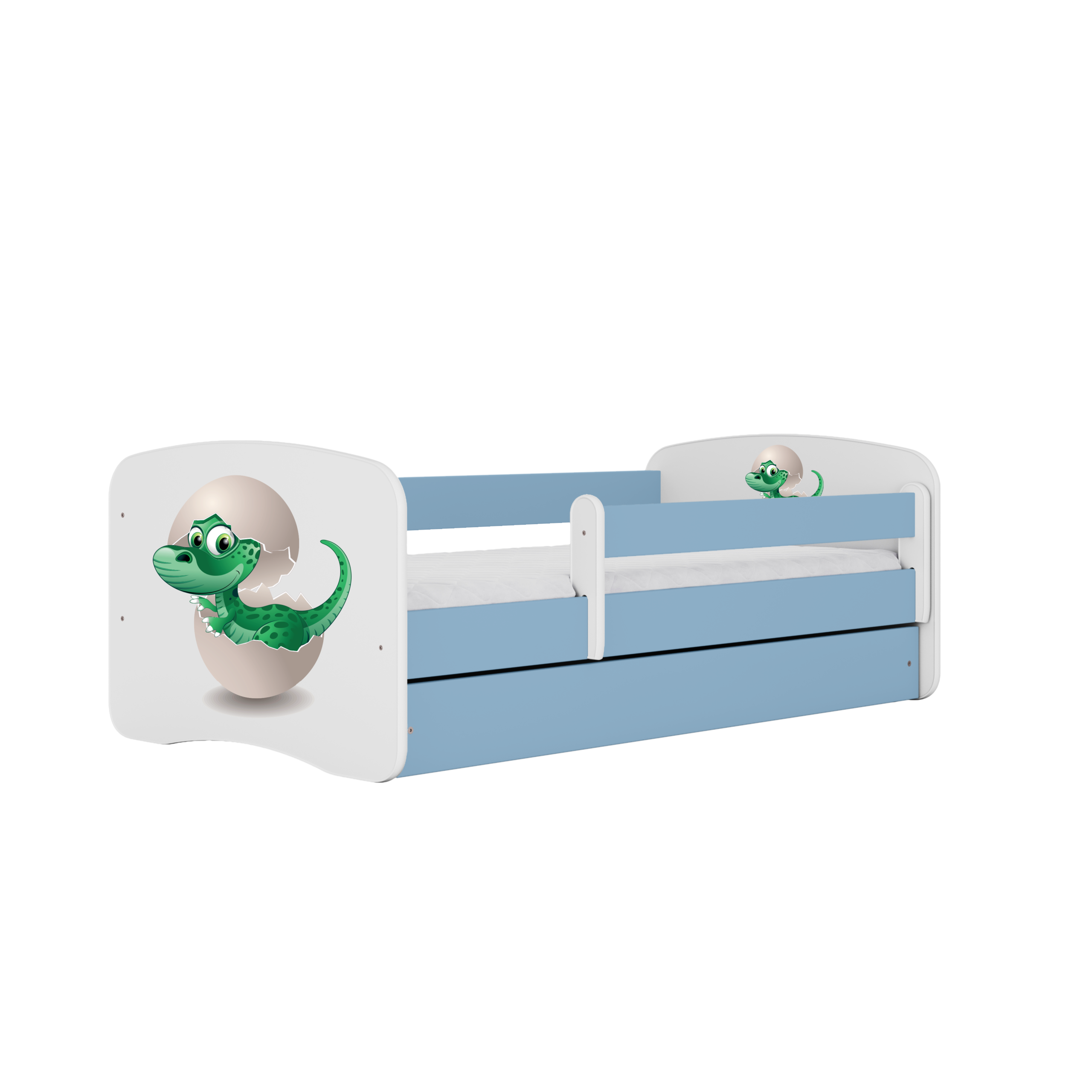 Babydreams Juniorseng Med Lille Dino Madras Sengehest Skuffe Hvid Og Blå Laminat 140x70