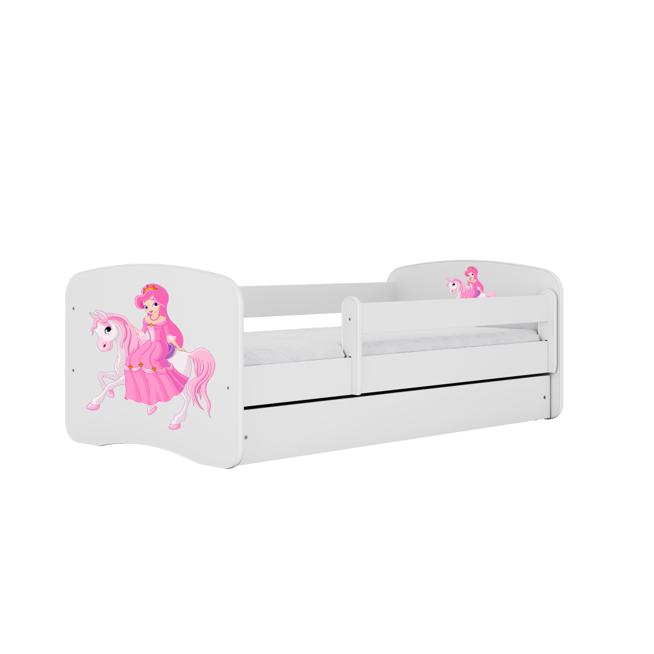 Babydreams Juniorseng Med Prinsesse På Hest Madras Sengehest Og Skuffe Hvid Laminat 180x80