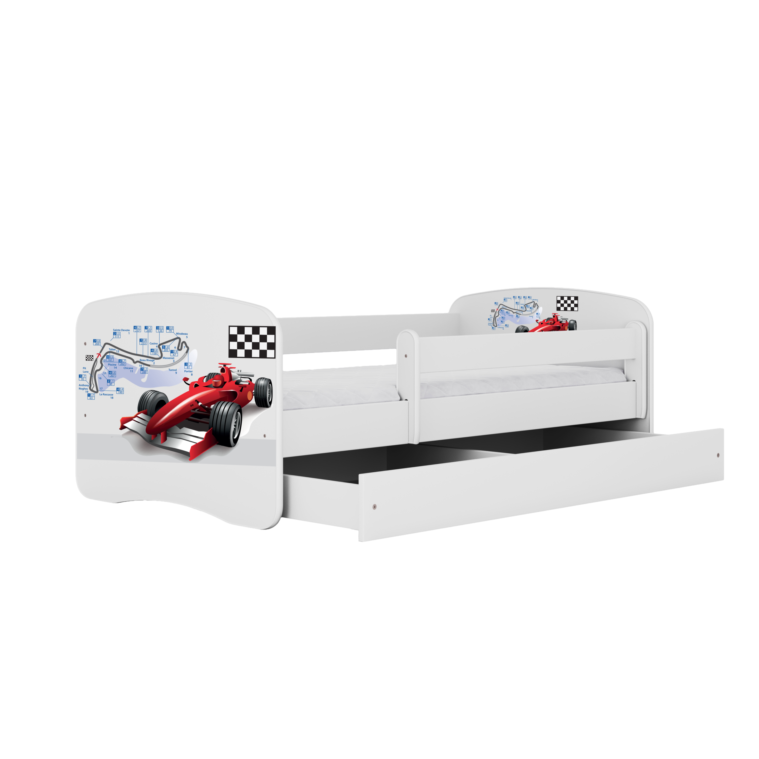 Babydreams Juniorseng Med Racerbil Madras Sengehest Og Skuffe Hvid Laminat 180x80