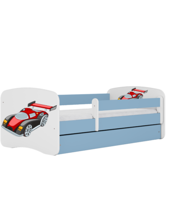 Babydreams Juniorseng Med Racerbil     Madras  Sengehest  Skuffe Hvid Og Blå Laminat  180x80