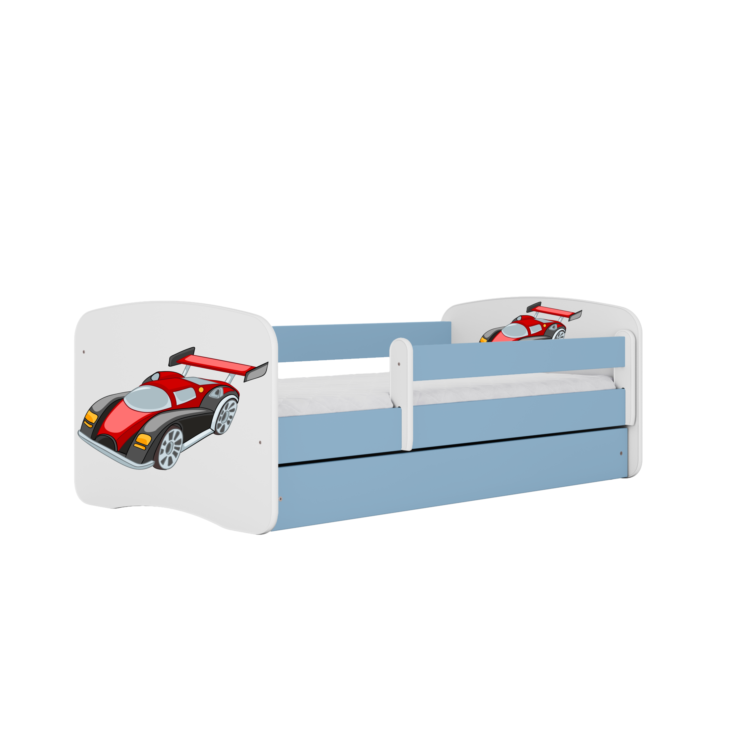 Babydreams Juniorseng Med Racerbil Madras Sengehest Skuffe Hvid Og Blå Laminat 180x80