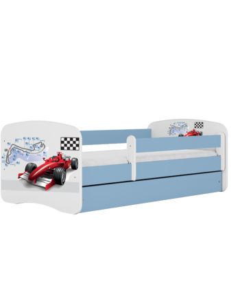 Babydreams Juniorseng Med Racerbil     Madras  Sengehest  Skuffe Hvid Og Blå Laminat  140x70