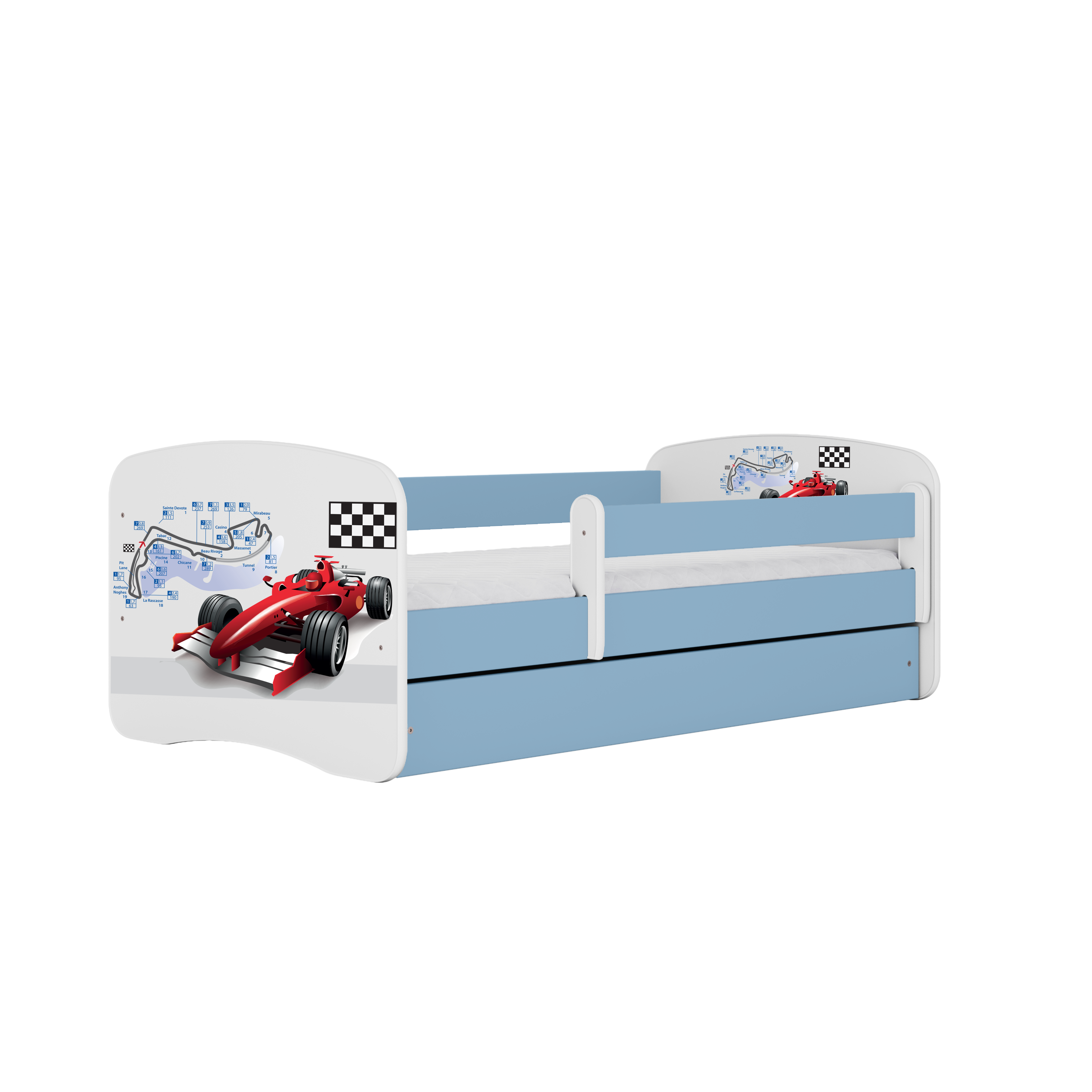 Babydreams Juniorseng Med Racerbil     Madras  Sengehest  Skuffe Hvid Og Blå Laminat  180x80