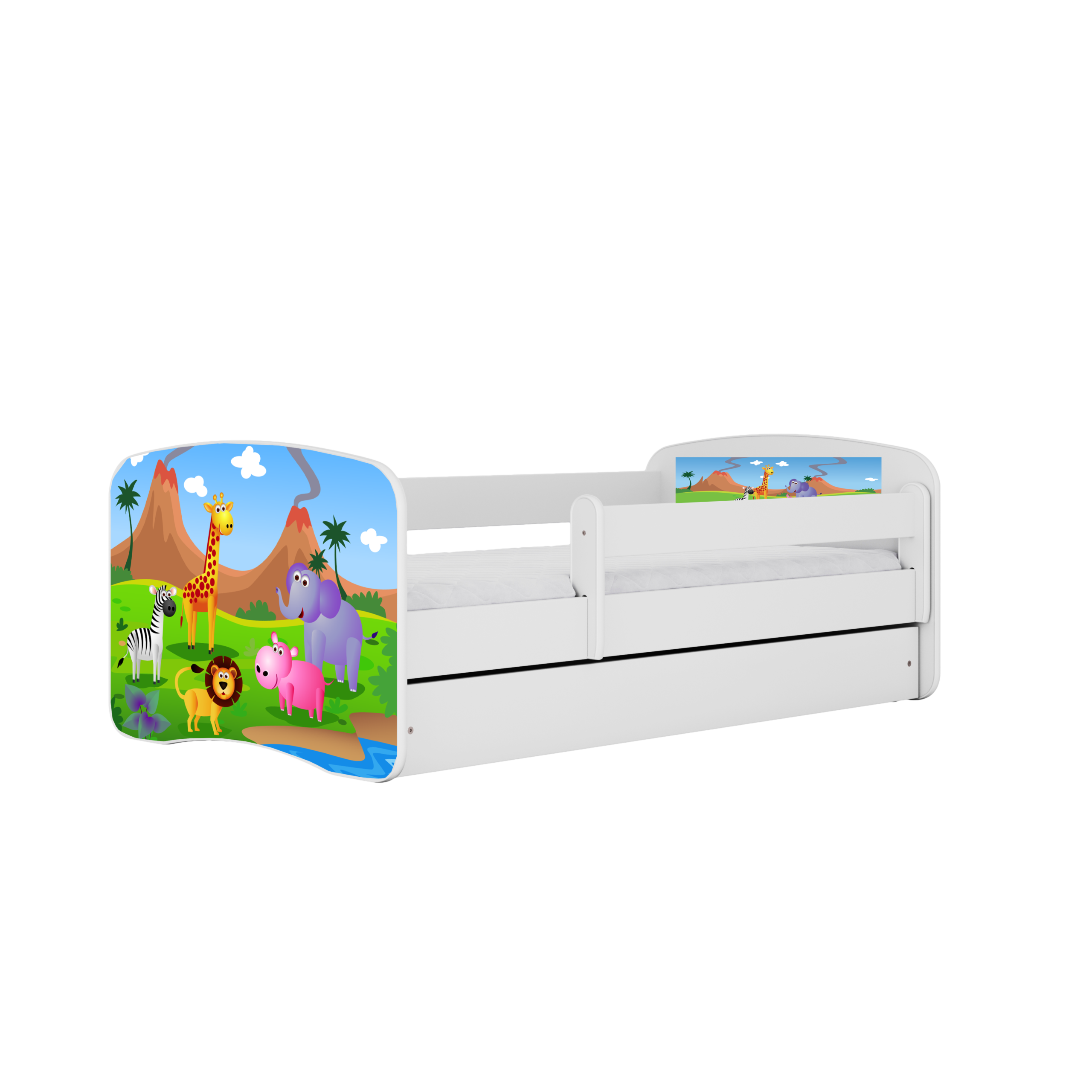 Babydreams Juniorseng Med Safari Dyr Madras Sengehest Skuffe Hvid Laminat 160x80