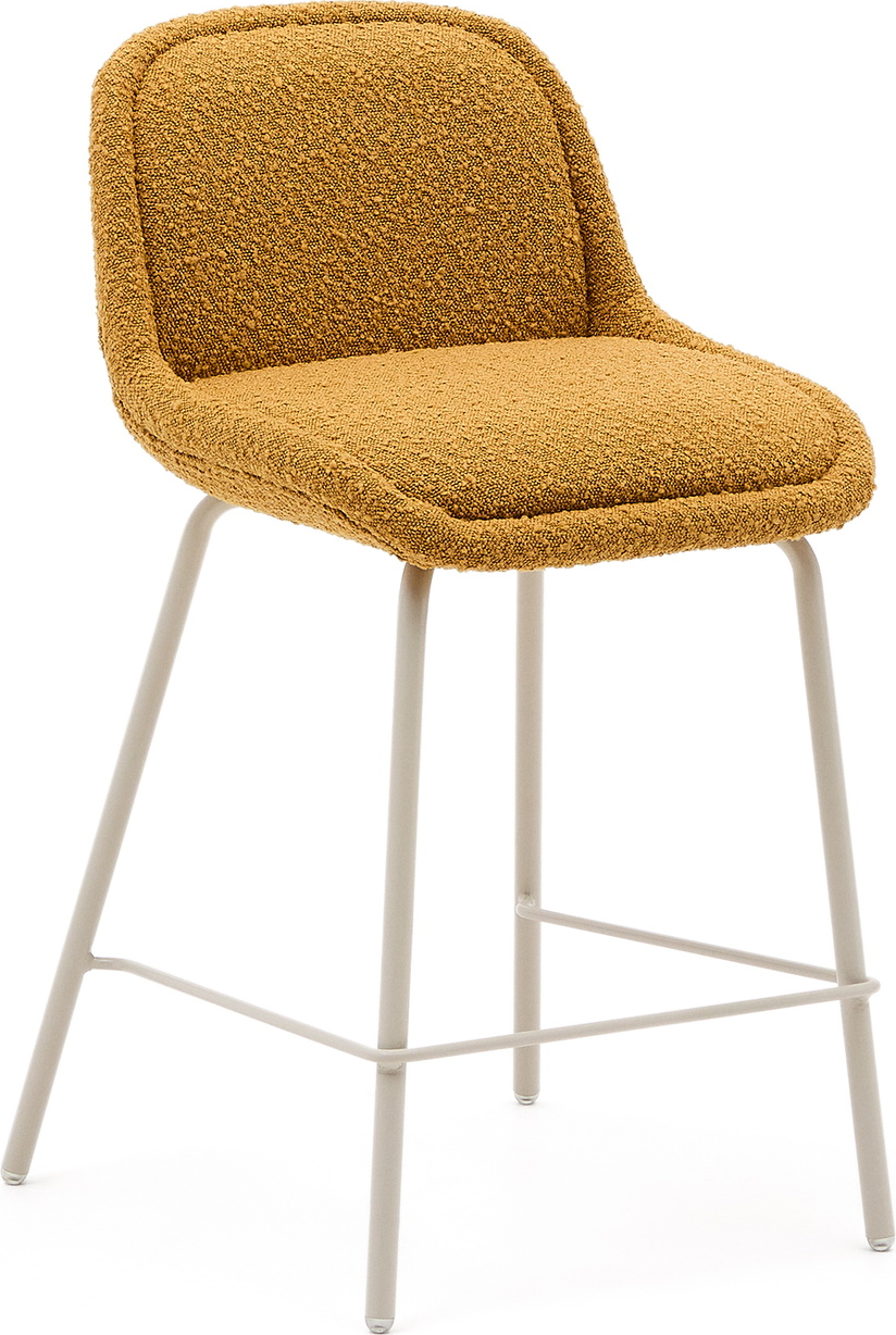Barstol Kave Home Aimin Polstret Bouclé Sennep H65 Stålben Mat Hvid Pulverlak