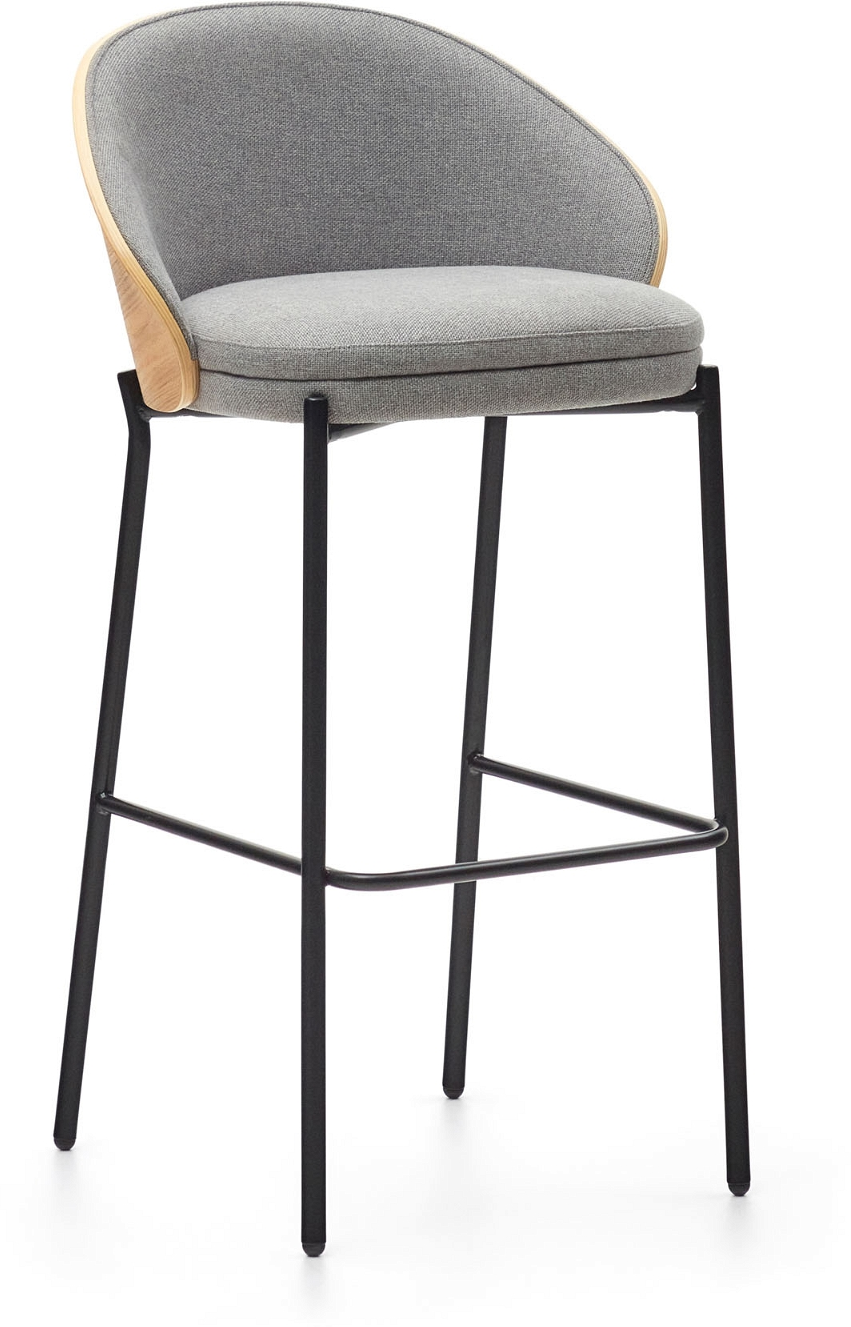 Barstol Kave Home Eamy Grå Chenille Og Asketræsfinér Med Mat Sort Stålramme H98xb51xd54 Cm
