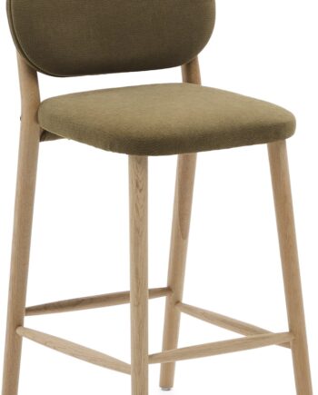 Barstol Kave Home Helda   Massivt Olieret Egetræ Med Grøn Stofpolstring H96xb46xd50 Cm