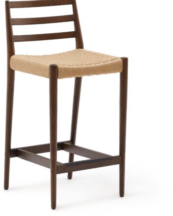 Barstol Med Ryglæn Kave Home Analy   Massivt Egetræ Valnøddefinish Håndvævet Papirsnor Bæredygtigt Design