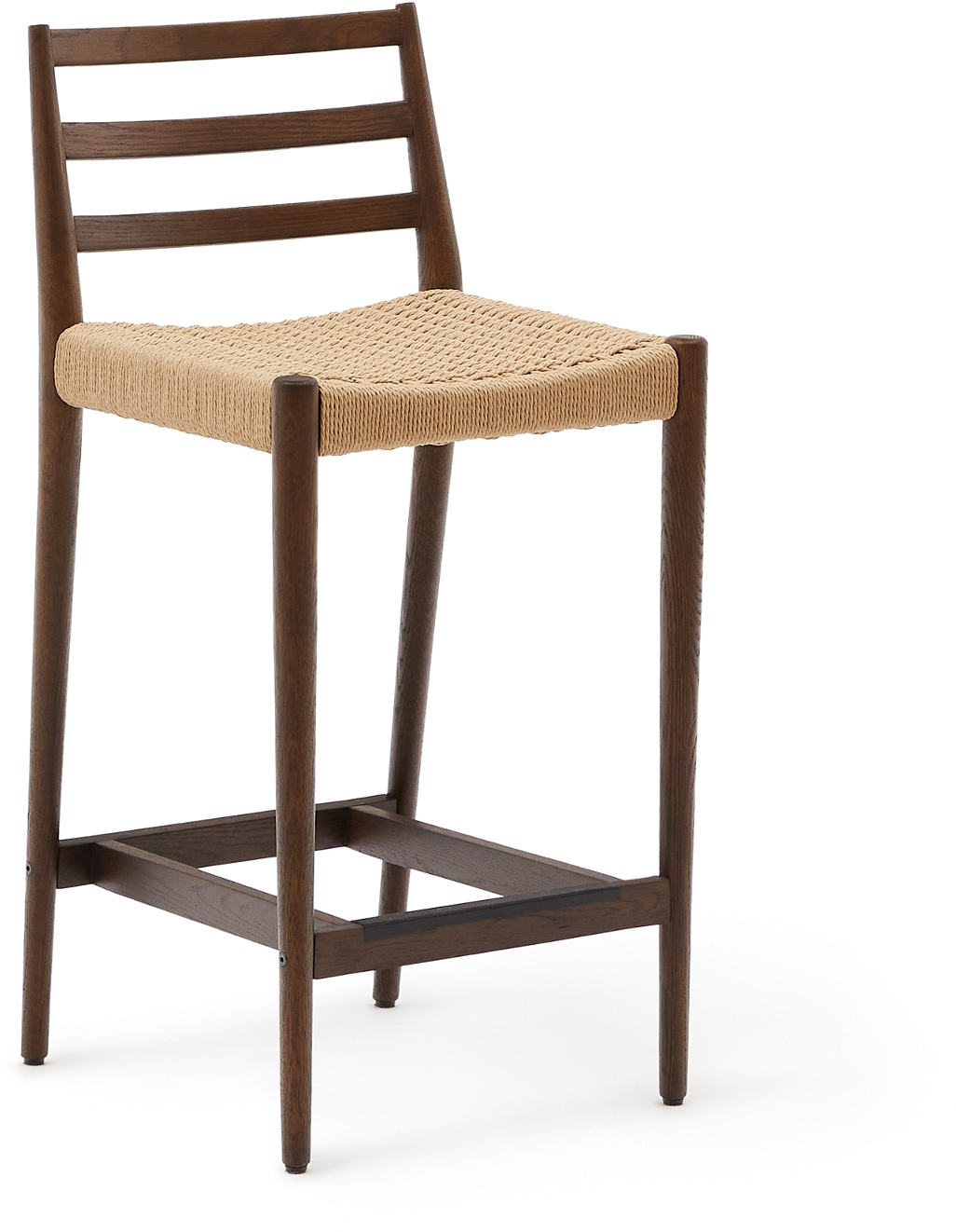 Barstol Med Ryglæn Kave Home Analy   Massivt Egetræ Valnøddefinish Håndvævet Papirsnor Bæredygtigt Design