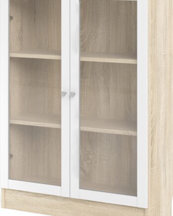 Bogreol Vesterholm Basic  Vægmonteret Med Glasdøre  Hvid Låge Natur Egestruktur  H107ã B79ã D28 Cm  Anti-vælteanordning