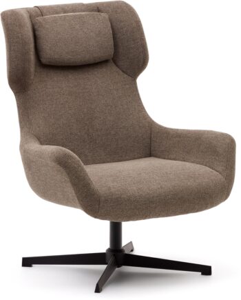 Drejelænestol Kave Home Zalina Lysebrun Chenille Med Nakkestøtte Og Sort Metalfod