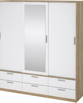 Garderobeskab Vesterholm Liva   Døre   Skuffer Indbygget Spejl Egestruktur Hvid Højglans Vægmonteret H200 B181   D60 25 Cm