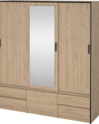 Garderobeskab Vesterholm Liva   Skydedøre Midterdør Med Spejl    Lille Dør    Skuffer  Jackson Hickory  H200ã B181ã D60 Cm