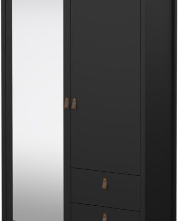 Garderobeskab Vesterholm Lunor   Døre   Skuffer  Mat Sort  Fuldlængde-spejl  H199xb102xd58 Cm  Danskproduceret  Fsc