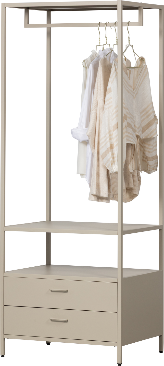 Garderobeskab Woood Collection Sandfarvet Metal åben Garderobe Med Bøjlestang Hylde Og Skuffer H185ã B70ã D54 Cm