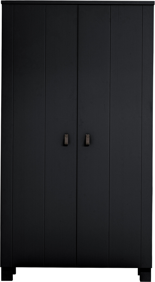 Garderobeskab Woood Ties Fsc-certificeret Sort Fyrretræ Med Børstet Finish Brune Læderhåndtag H202ã B111ã D55 Cm