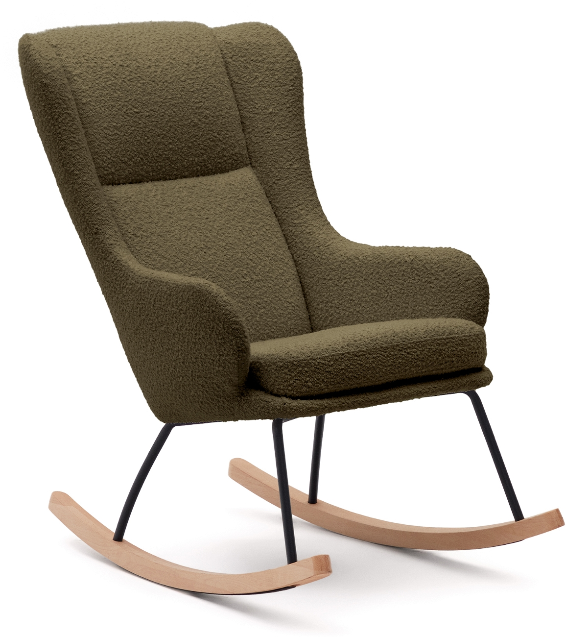 Gyngestol Kave Home Maustin Grøn Med Polstret Shearling-stof  Sort Stålstel Og Bøgetræsskøjter H106xb68xl95 Cm