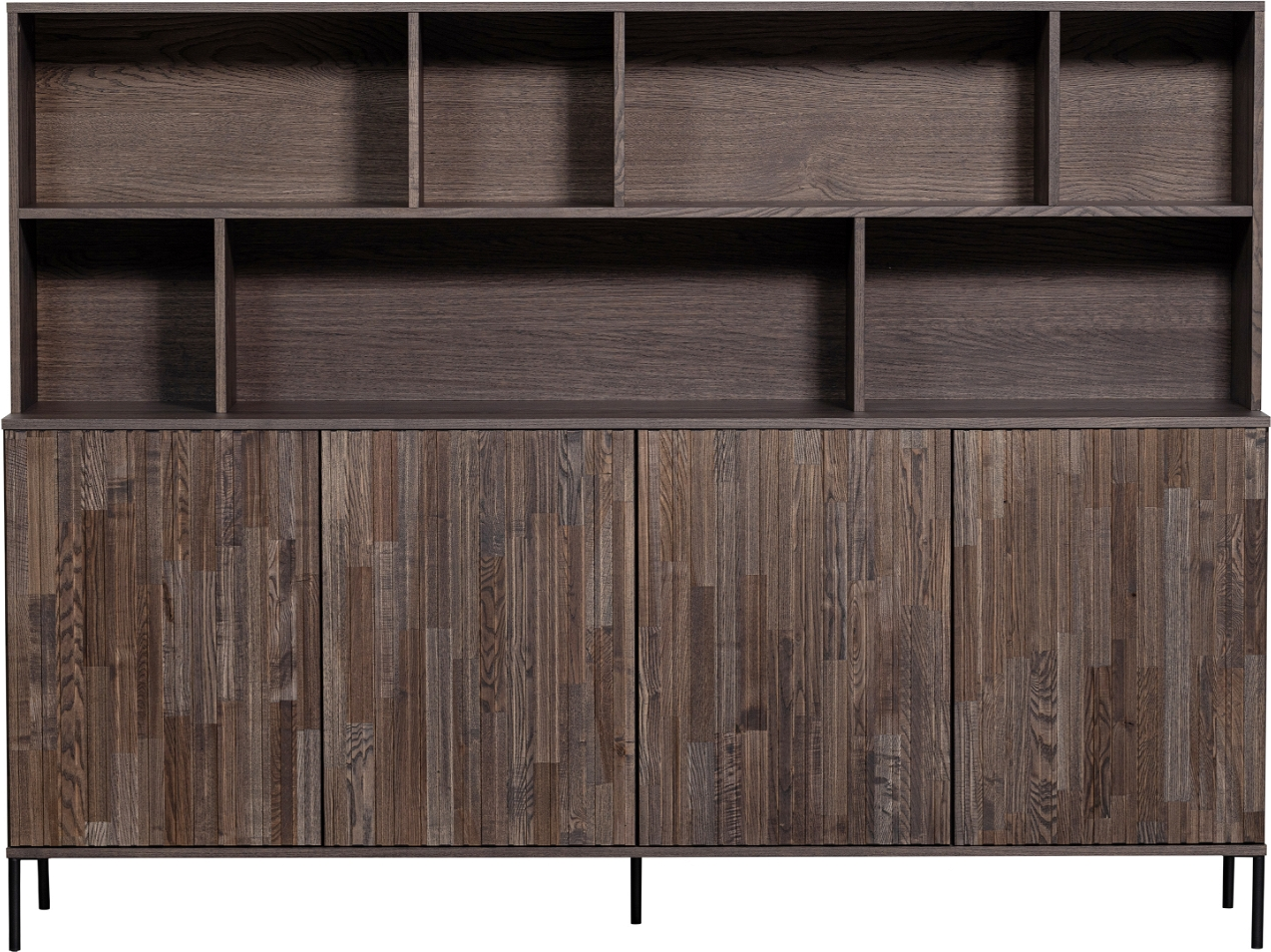 Highboard Woood Exclusive New Gravure   Brun Ask Med Præget Døre Og Sorte Metalben   H150ã B200ã D44 Cm