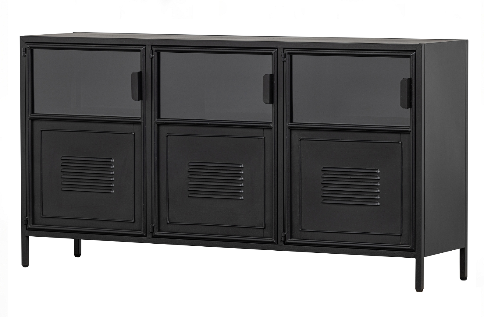 Highboard Woood Ronja   Industrielt Højskab   Sort Jern Med Glasdøre    Rum   Hylder  B143xd37xh75   Cm