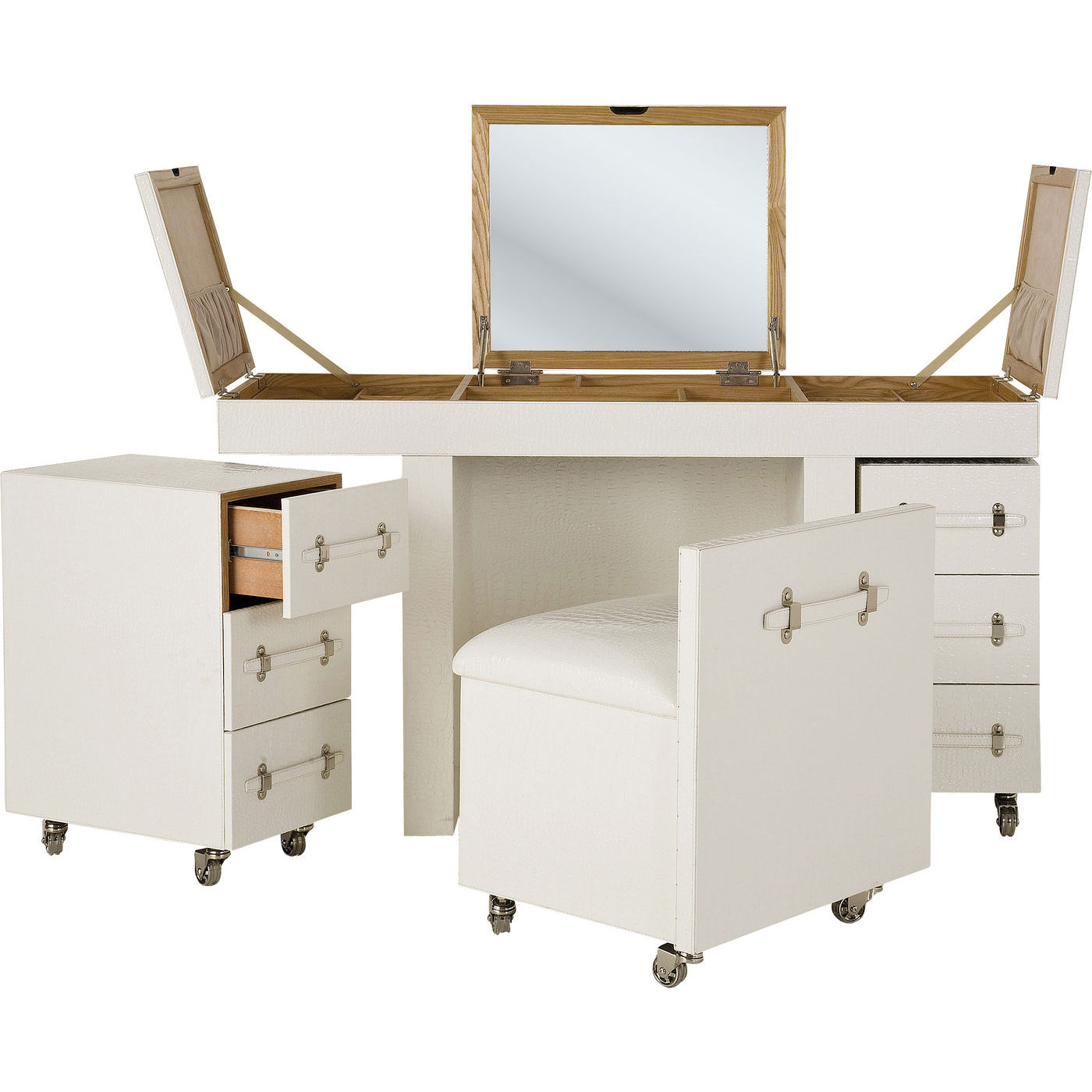 Kare Design Diva Croco White Makeup Bord Hvid Læderlook Stol Skuffer Spejl Og 10 Rum