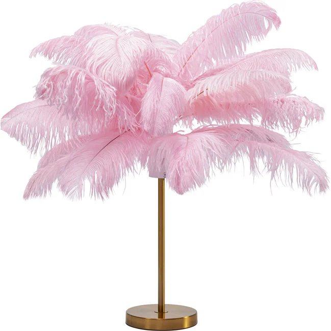 Kare Design Feather Palm Bordlampe Lyserød Strudsefjer Og Messing Stål