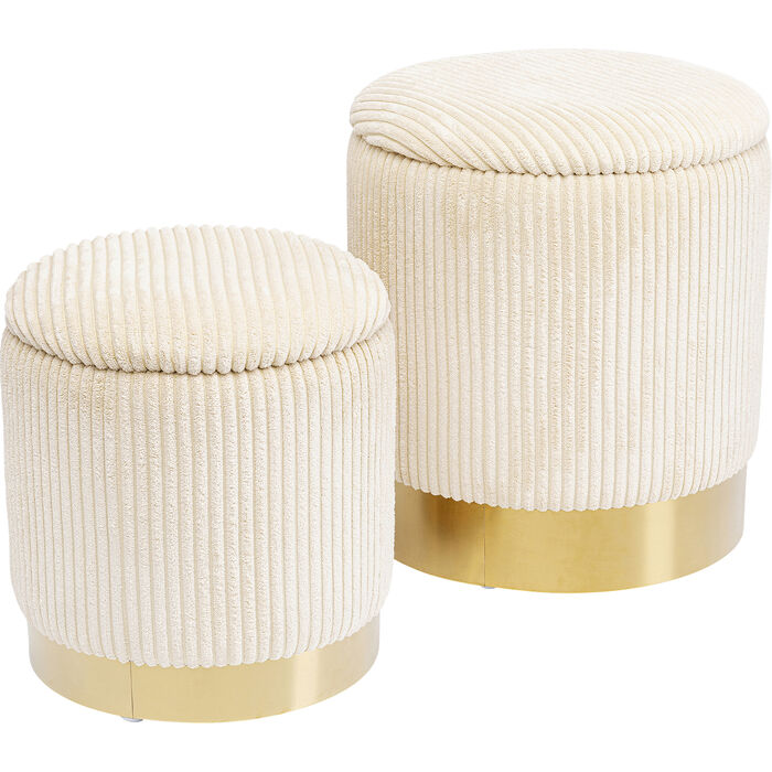 Kare Design Plush Skammel     Opbevaringsplads  Rund Creme Fløjl Og Guld Stål  Sæt Af
